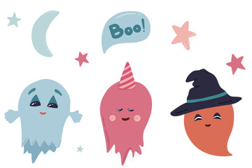 Halloween cute ghosts hand drawn set
