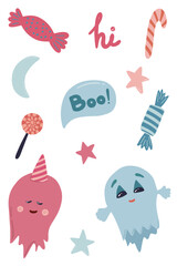 Cute ghosts with candies hand drawn set