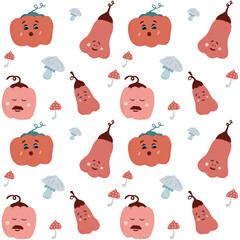 Pumpkin and mushrooms hand drawn pattern