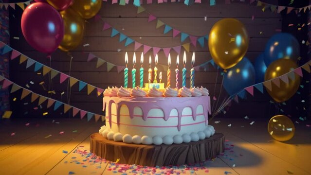 A birthday cake with pink frosting surrounded