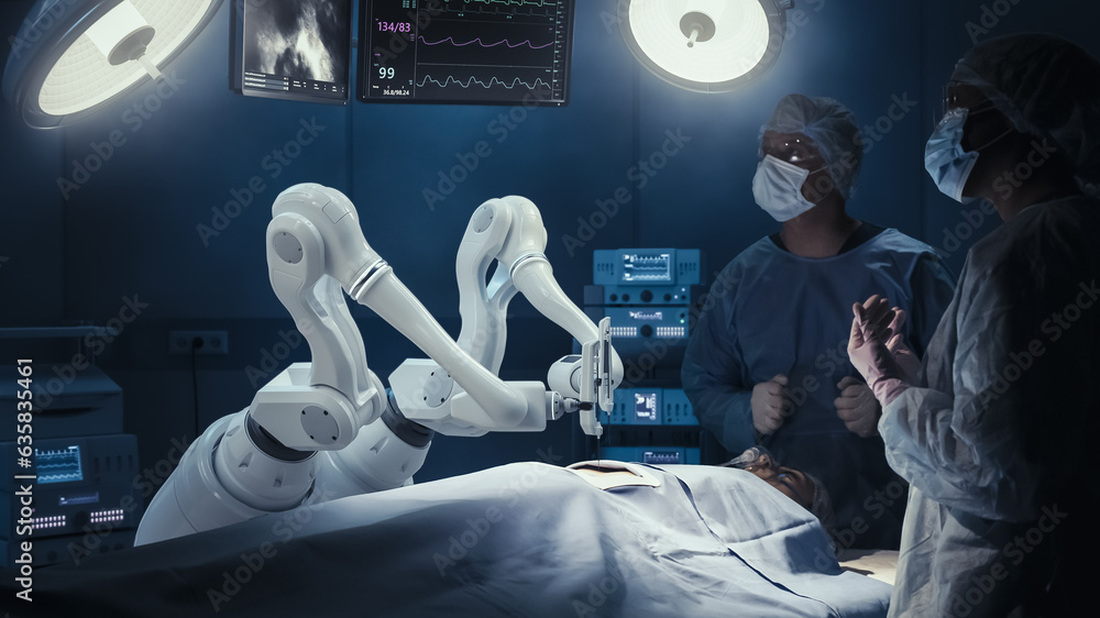 Wall mural two surgeons observing high-precision programmable automated robot arms operating patient in high-te