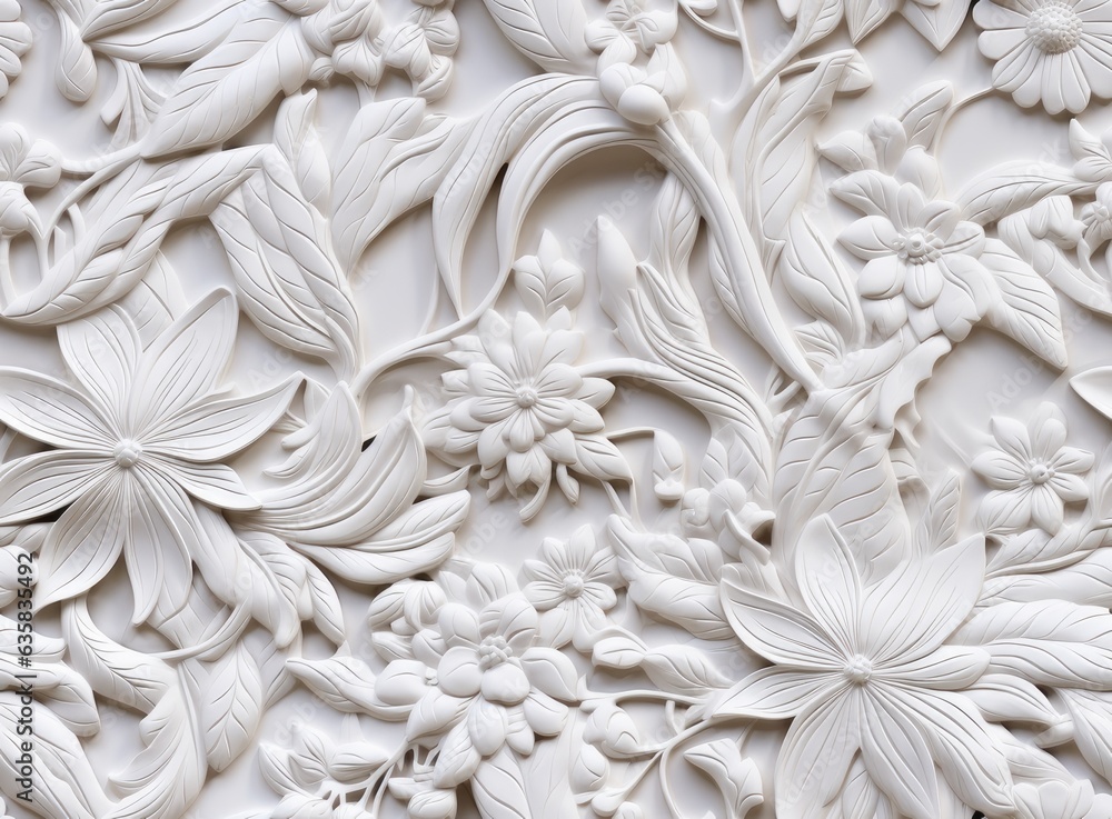 Wall mural Gypsum patterns of white flowers, gypsum background floral pattern. SEAMLESS PATTERN. SEAMLESS WALLPAPER. Created with Generative AI technology.