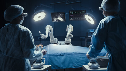 Two Surgeons Wearing Augmented Reality Headsets And Using High-Precision Remote Controlled Robot...