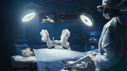 Surgeon Wearing Augmented Reality Headset And Using High-Precision Remote Controlled Robot Arms To...