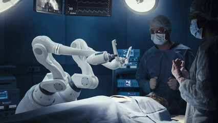 Two Surgeons Observing High-Precision Programmable Automated Robot Arms Operating Patient In...