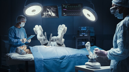 Surgeon Wearing AR Headset And Using High-Precision Remote Controlled Robot Arms To Operate On...