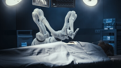 Modern Hospital: Surgery Patient Laying On Surgical Table While Robot Arms Performing...