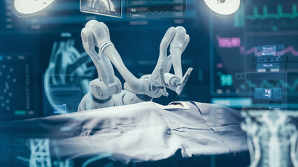 Surgery Patient Laying On Surgical Table. Robot Arms Performing High-Precision Nanosurgery In...