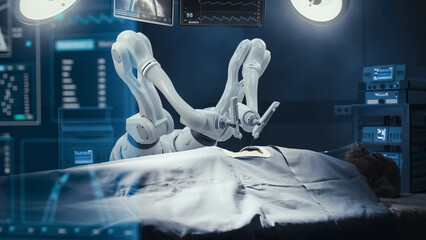 Surgery Patient Laying On Surgical Table While Robot Arms Performing High-Precision Nanosurgery In...