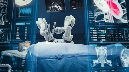 Surgeons Operating Human and Using High-Precision Remote Controlled Robot Arms To Operate On...