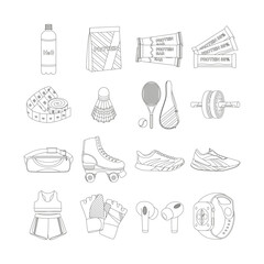 Protein, sneakers, sportswear, headphone, fitness watch. Sport equipment. Fitness inventory. Line art.