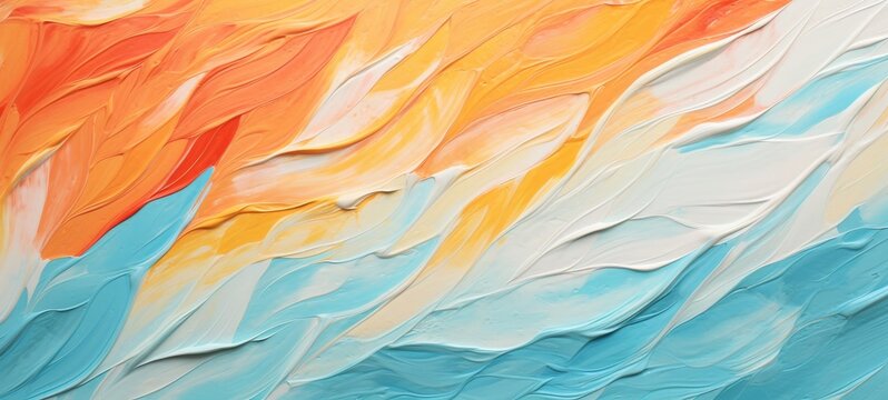 Closeup of abstract rough colorful blue orange complementary colors art painting texture background wallpaper, with oil or acrylic brushstroke waves, pallet knife paint on canvas (Generative Ai)