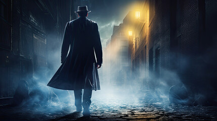Obraz premium Back view of detective is walking, thriller movie scene. Generative AI