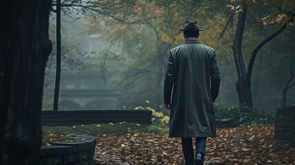 Back view of detective is walking, thriller movie scene. Generative AI - obrazy, fototapety, plakaty