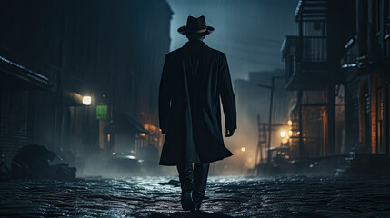 Back view of detective is walking, thriller movie scene. Generative AI - obrazy, fototapety, plakaty