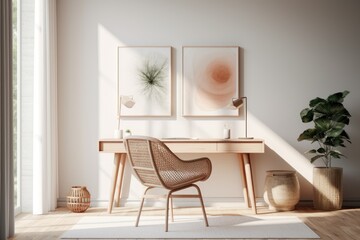 Scandinavian interior with gallery wall, rattan chair, and white desk, depicted in a 3D illustration.