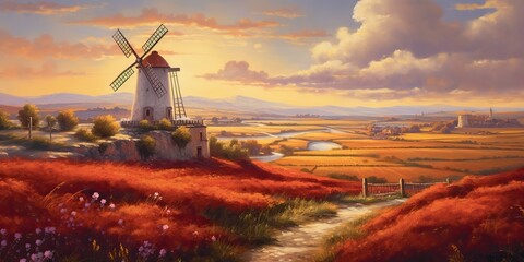 AI Generated. AI Generative. Vintage retru old windmill building nature outdoor countryside landscape background. Graphic Art