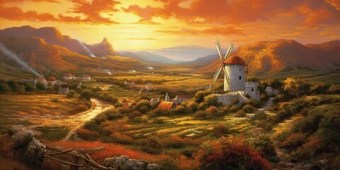 AI Generated. AI Generative. Vintage retru old windmill building nature outdoor countryside landscape background. Graphic Art