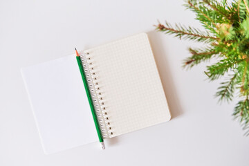 Blank sheets of opened checkered notebook, christmas tree branches, green pencil.