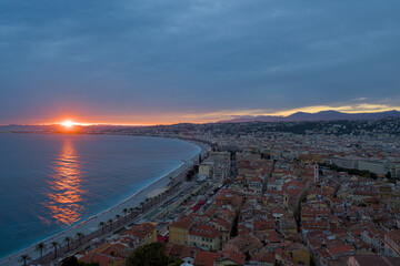 View on seafront of Nice, France at sunset