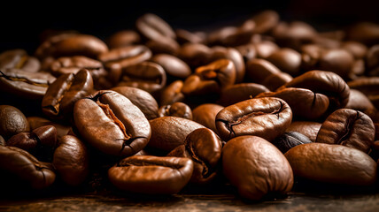 Naklejka premium Roasted coffee beans scattered on a dark surface, closeup. Generative AI technology.