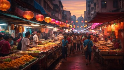 a bustling street food market with stalls offering a diverse array of global street food favorites, capturing the vibrant energy and delicious aromas