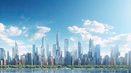 City Panorama - Aerial View of Modern Day Landscape with Skyscrapers and Urban Architecture under a Blue Sky: Generative AI