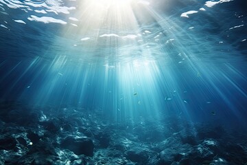 Deep Nature Underwater: Stunning Blue Ocean Background with Sun Rays Lighting up the Surface. Generative AI