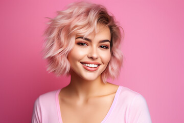 Generative IA illustration young amazing girl after salon hair styling isolated over vivid pink color background