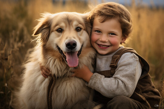 Generative ai collage image of kid hug embrace cute adorable dog puppy outdoors