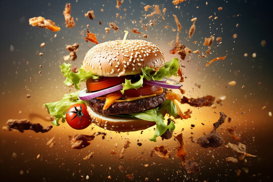 Big fastfood tasty restaurant burger hamburger cheeseburger flying air composition Generative AI picture