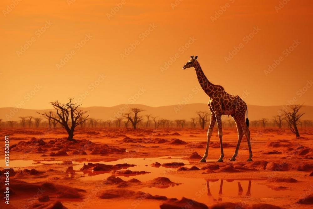 Poster a giraffe standing in the middle of a desert. generative ai image.