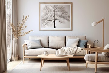 Scandinavian style living room with modern interior and poster frame.