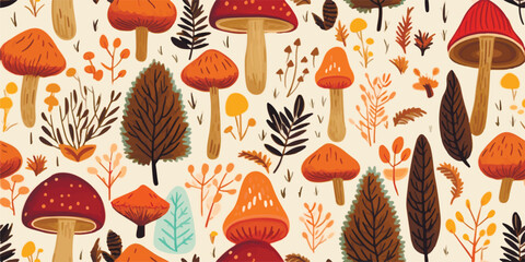 Hand drawn seamless pattern with cute elements, autumnal background, vector design