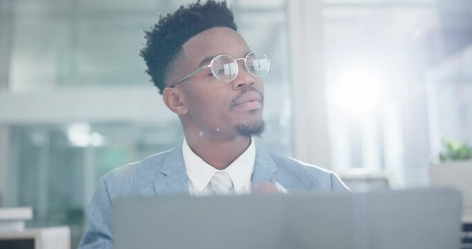 Business man, computer and thinking of stock market research, trading solution and choice or decision. Professional african person or trader in glasses or vision for financial planning on laptop