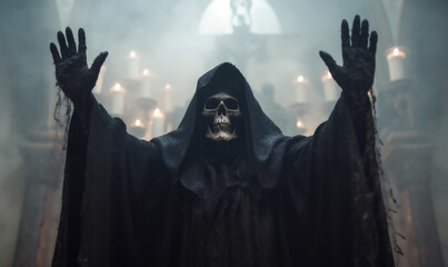 fear creepy death halloween evil skeleton ghost night hood horror. Generative AI. - obrazy, fototapety, plakaty