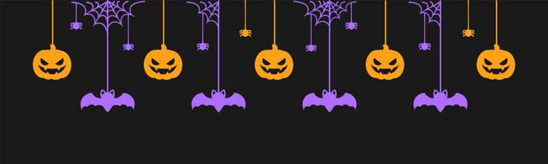 Happy Halloween banner or border with glowing bats and jack o lantern pumpkins. Hanging Spooky Ornaments Decoration Vector illustration, trick or treat party invitation