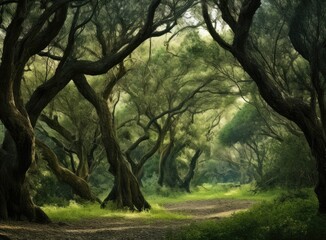 Naklejka premium Drone view of amazing green forest with trees and bushes growing in countryside. Created with Generative AI technology.