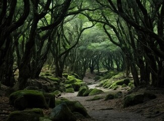 Fototapeta premium Drone view of amazing green forest with trees and bushes growing in countryside. Created with Generative AI technology.