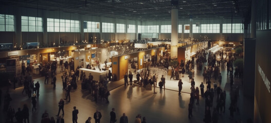 Expansive Exhibition Hall Abuzz with Numerous Visitors Exploring Engaging Displays - AI generated
