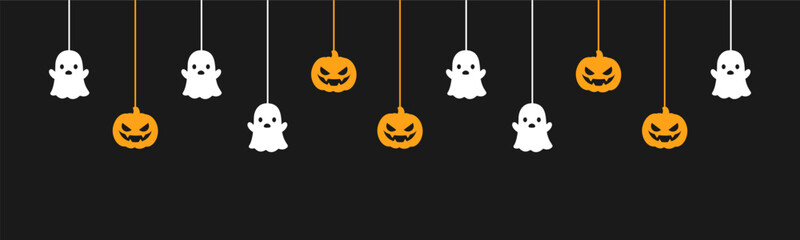 Happy Halloween banner or border with ghost and jack o lantern pumpkins. Hanging Spooky Ornaments Decoration Vector illustration, trick or treat party invitation