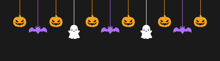 Happy Halloween banner or border with black bats, ghost and jack o lantern pumpkins. Hanging Spooky Ornaments Decoration Vector illustration, trick or treat party invitation
