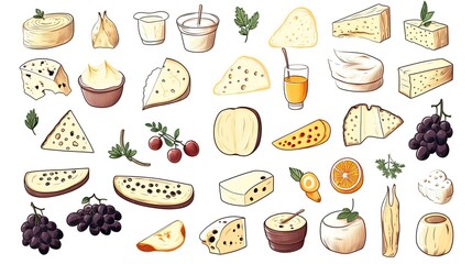 Drawn Food Set for Menu Decoration. Hand-Drawn Simple Stylized Forms of Dairy Products: Butter, Cheese, Cream, on White Background