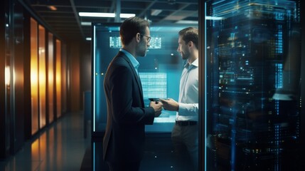 Colleague Teamwork brainstorming and discussing and using laptop or tablet working in Office Data Center late at night, Cloud Computing, Web Service Empowered,Network for Cyber Security, Generative AI