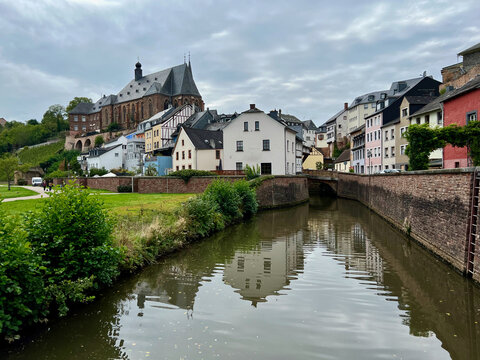 The cityview of Saarburg and the canal to the Saar river, Saarburg, Germany.