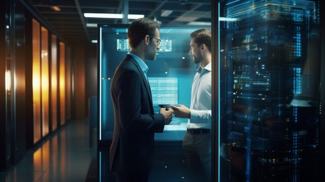 Colleague Teamwork brainstorming and discussing and using laptop or tablet working in Office Data Center late at night, Cloud Computing, Web Service Empowered,Network for Cyber Security, Generative AI