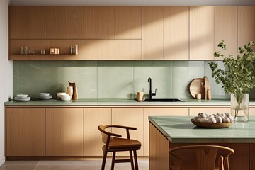 a modern kitchen with a Japandi style, featuring a green pastel counter, wooden cabinet, and marble countertop.