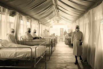 Flu Pandemic Field Hospital during the 1918 Spanish Flu Outbreak in Europe. Historical Image Capturing Epidemic Disease and Health Care Measures: Generative AI - obrazy, fototapety, plakaty