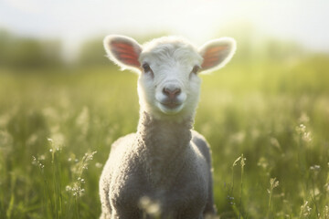 field animal sheep meadow sun grass wool farm lamb green. Generative AI.