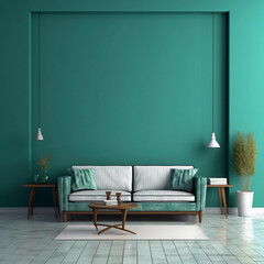 Living room home interior background. Empty teal wall mock up. Ai generated